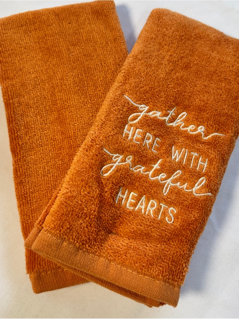 Thanksgiving Hand Towels GRATEFUL HEARTS 2-pk Embroidered Fall Orange GIFT